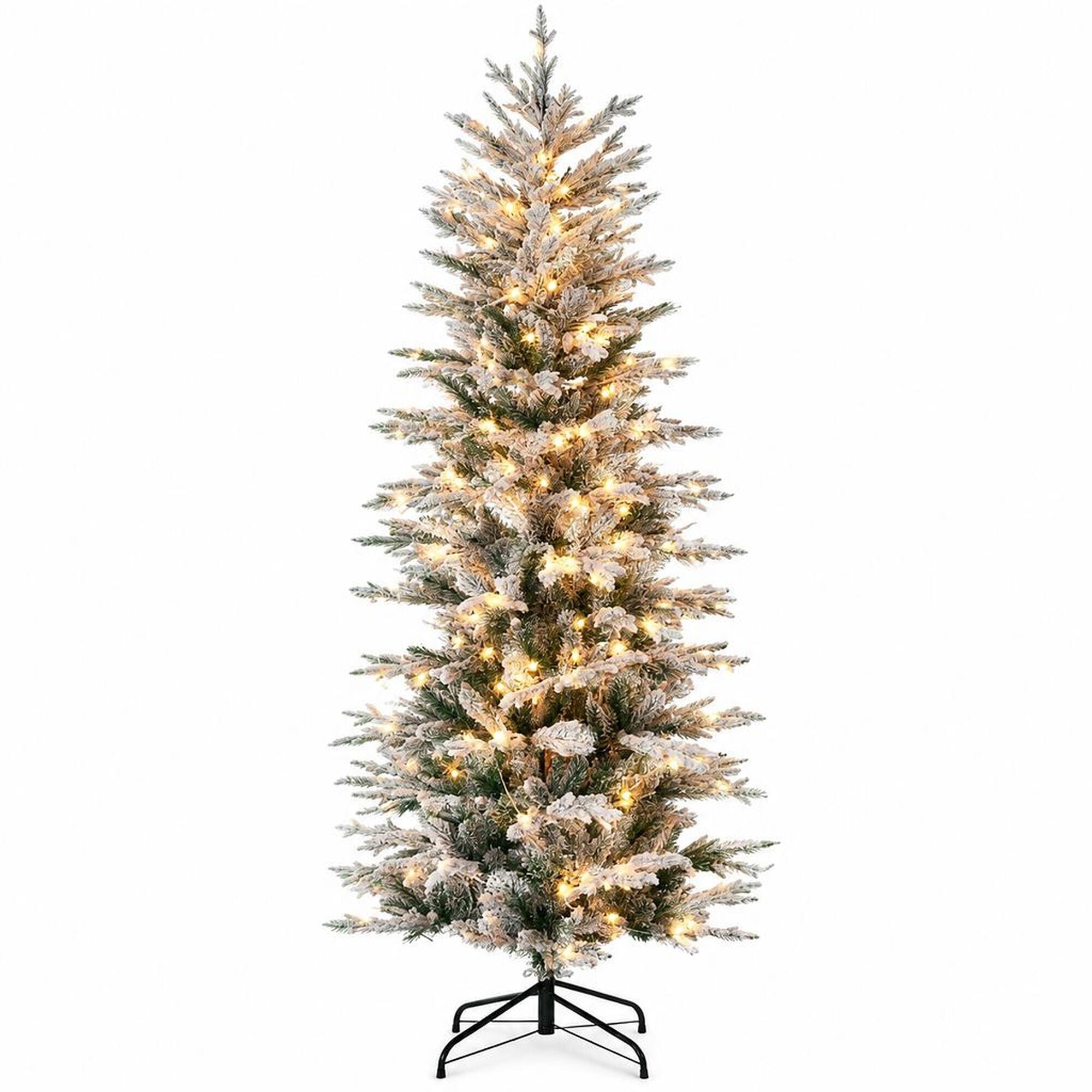 Front. RYHNUYNE - Artificial Flocked Christmas Tree With Snow Branches, Warm Yellow Clear Lights Auto Open Hinged Holiday Decor - Green.
