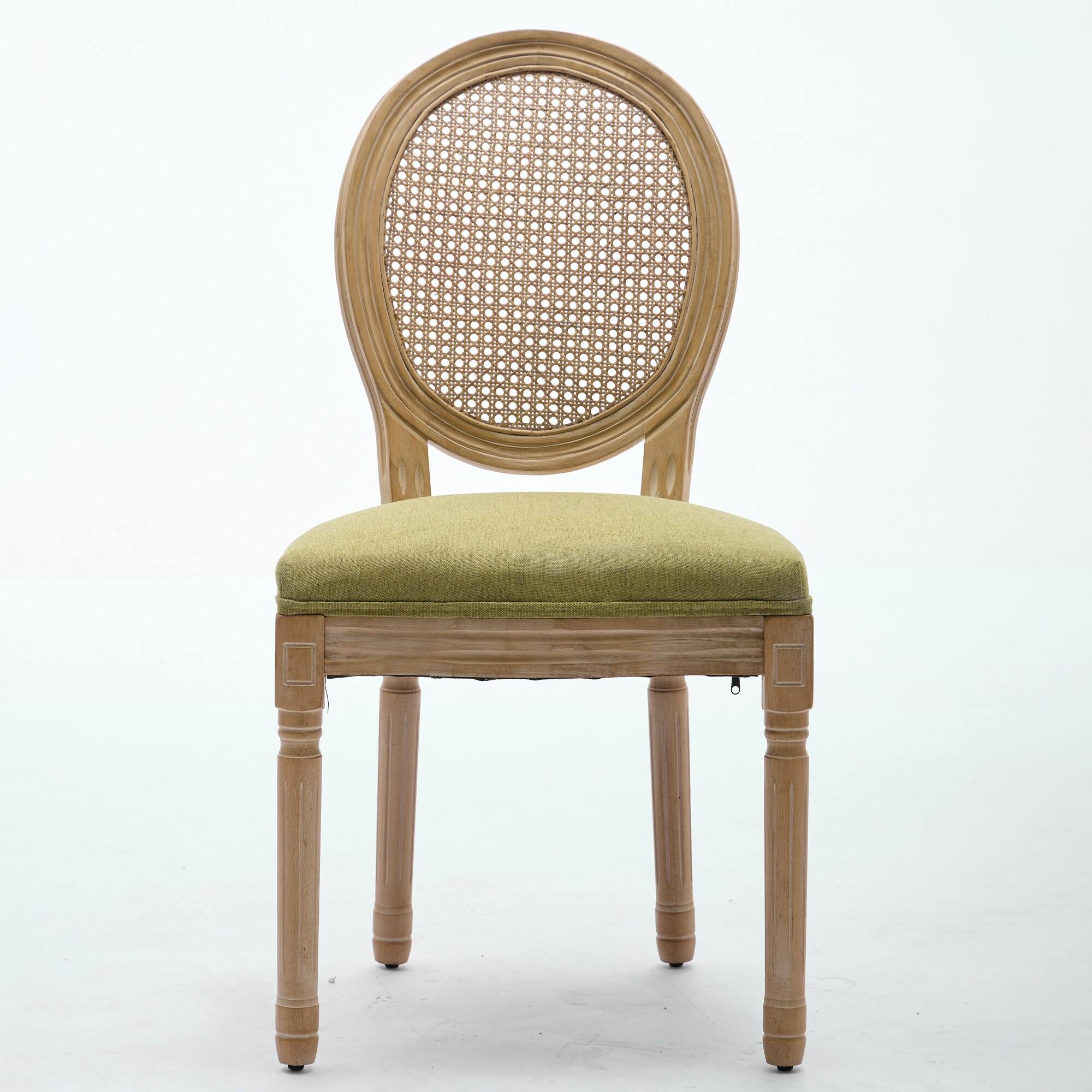 Angle. Tiramisubest - French Style Solid Wood Frame Antique Painting Linen Fabric Rattan Back Dining Chair,Set of 2,Olive-Green - Olive Green.