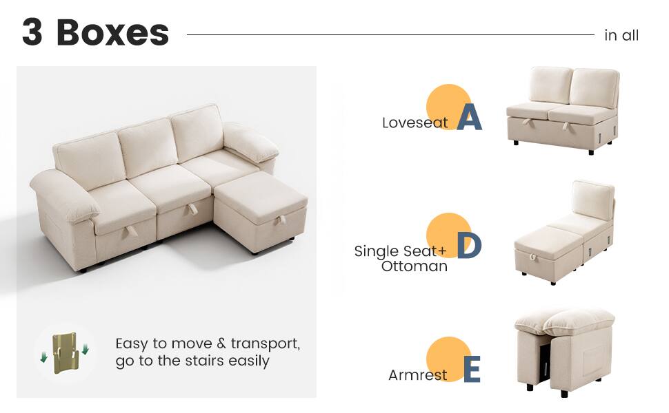 3 Boxes in all

Loveseat A

Single Seat+ Ottoman D

Armrest E

Easy to move & transport, go to the stairs easily