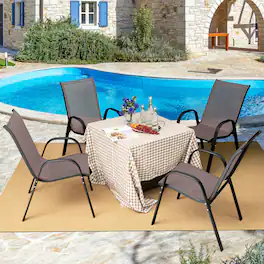 Mondawe - Set of 4 Stackable Patio Dining Chairs with Armrests and Breathable Fabric Seat - Brown