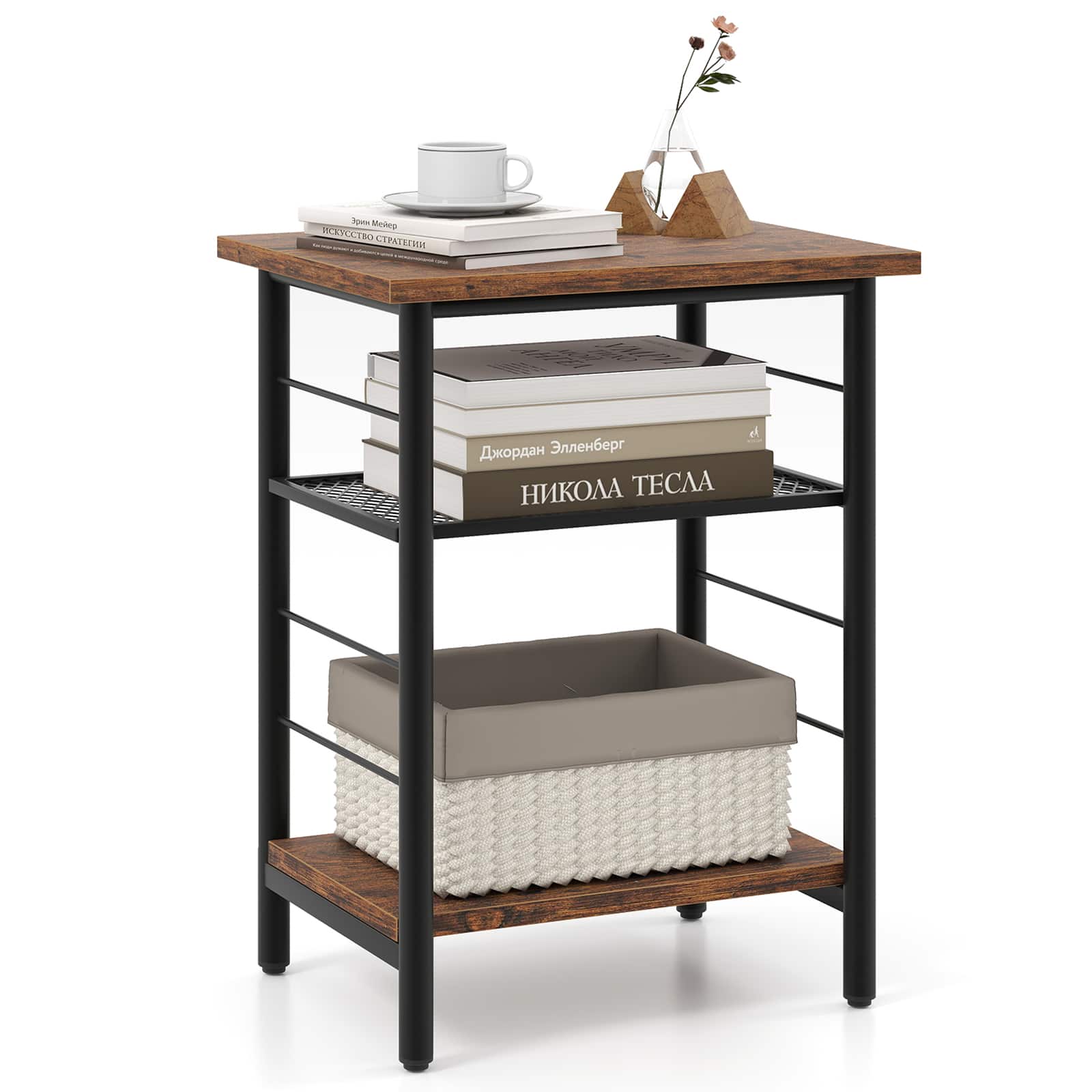 Gymax - 3-Tier Side End Table w/ Adjustable Mesh Shelf Narrow Nightstand - Rustic Brown
