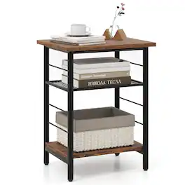 Gymax - 3-Tier Side End Table w/ Adjustable Mesh Shelf Narrow Nightstand - Rustic Brown
