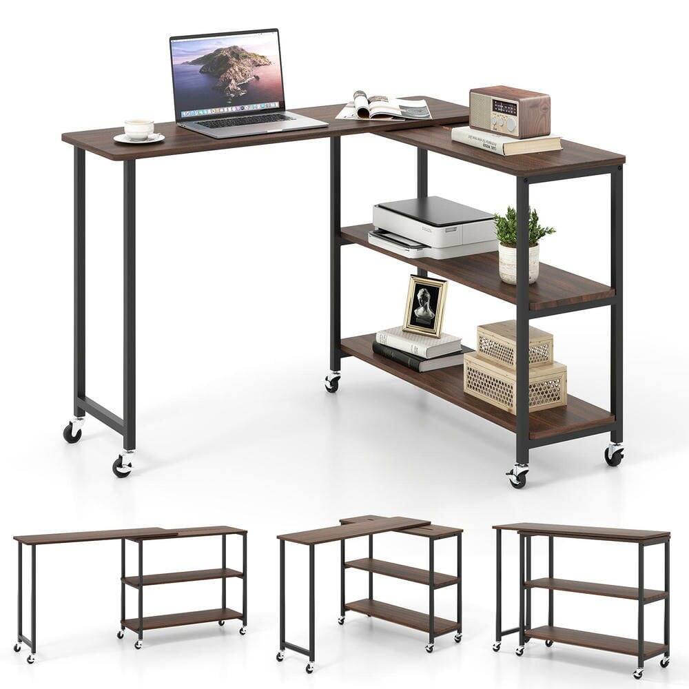 Alt View 2. Resenkos - 360-Degree Rotating Sofa Couch Table with Wheels and Shelf, Walnut - Brown.