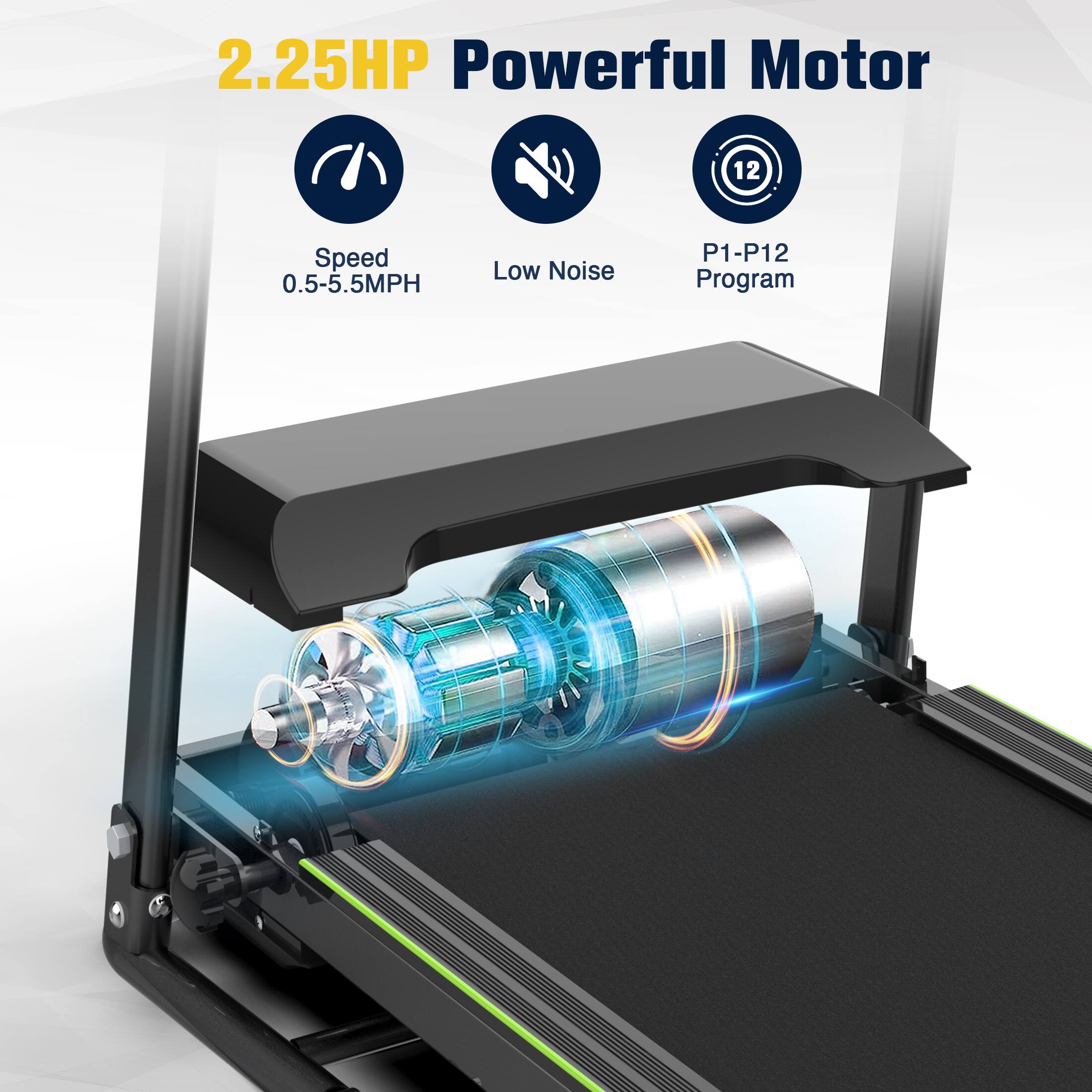 2.25HP Powerful Motor, 0.5-5.5MPH, Low Noise, P1-P12 Program