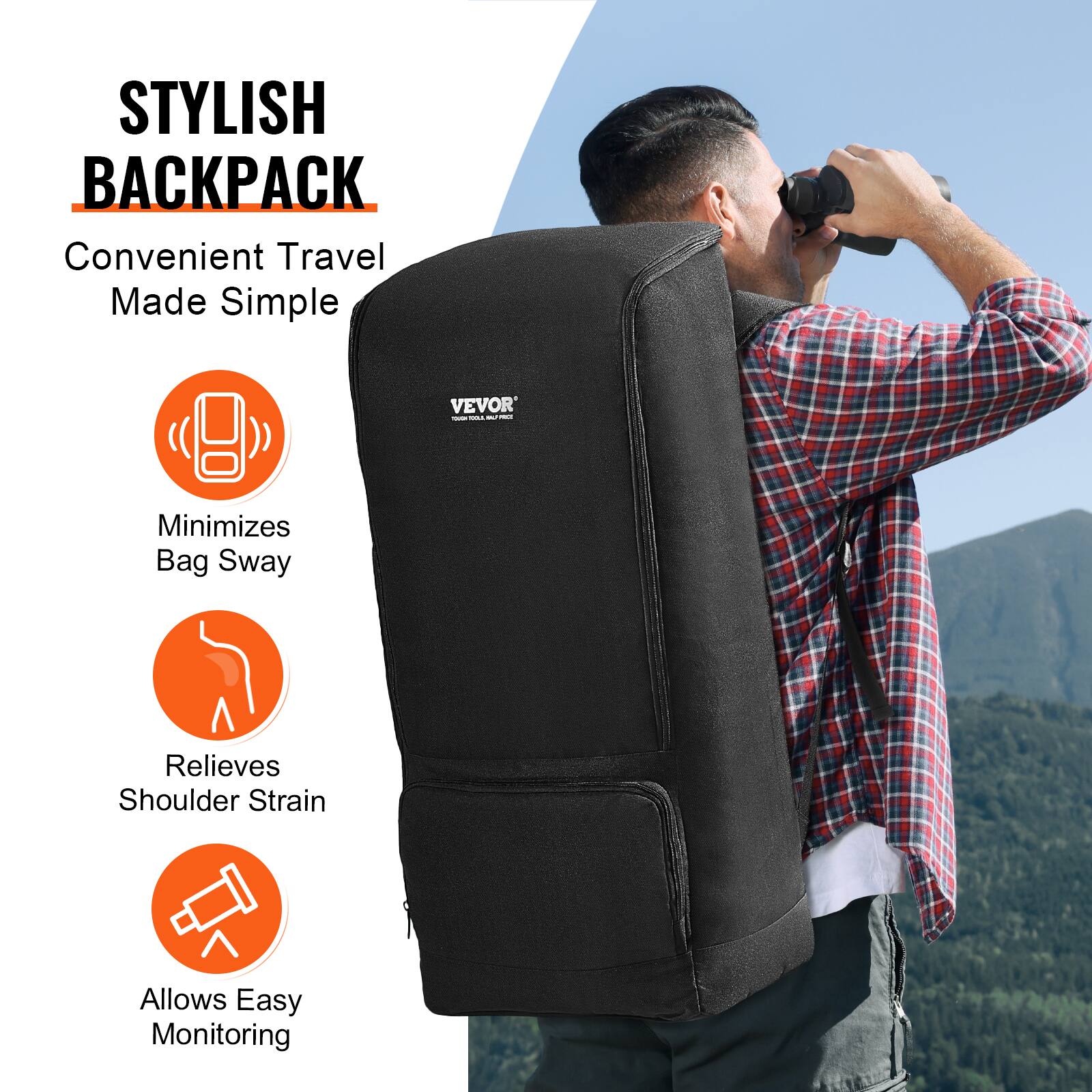 STYLISH BACKPACK  
Convenient Travel Made Simple  

Minimizes Bag Sway  
Relieves Shoulder Strain  
Allows Easy Monitoring  

VEVOR