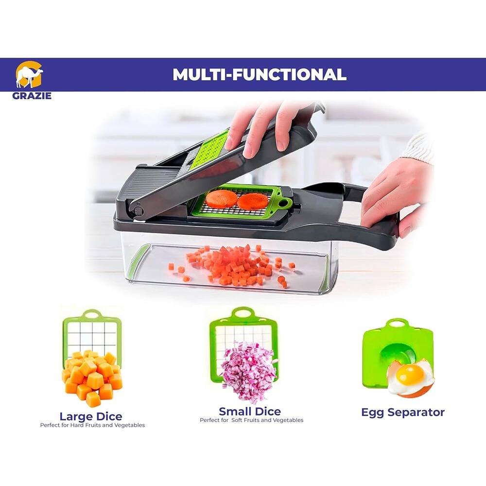 MULTI-FUNCTIONAL

GRAZIE

Large Dice  
Perfect for Hard Fruits and Vegetables

Small Dice  
Perfect for Soft Fruits and Vegetables

Egg Separator