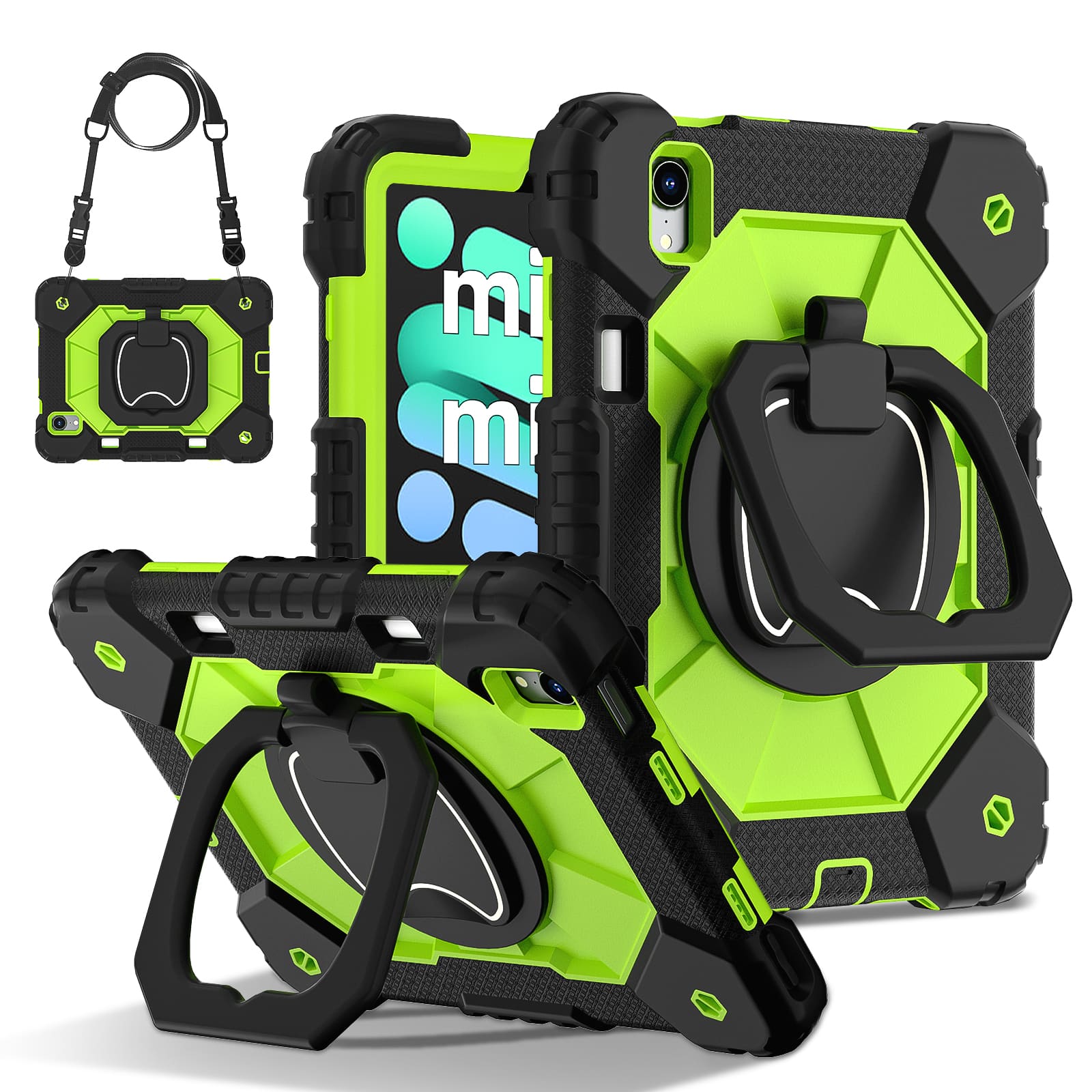 UUCOVER - Rugged Protective Case for iPad mini A17 Pro 8.3-inch/iPad mini 6 360° Rotating Stand Hand Grip Cover+Shoulder Strap - Black+Green