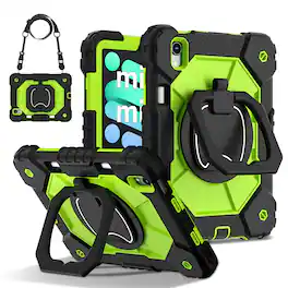 UUCOVER - Rugged Protective Case for iPad mini A17 Pro 8.3-inch/iPad mini 6 360° Rotating Stand Hand Grip Cover+Shoulder Strap - Black+Green