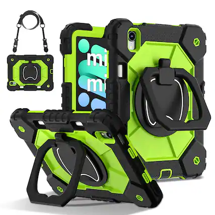 Front. UUCOVER - Rugged Protective Case for iPad mini A17 Pro 8.3-inch/iPad mini 6 360° Rotating Stand Hand Grip Cover+Shoulder Strap - Black+Green.