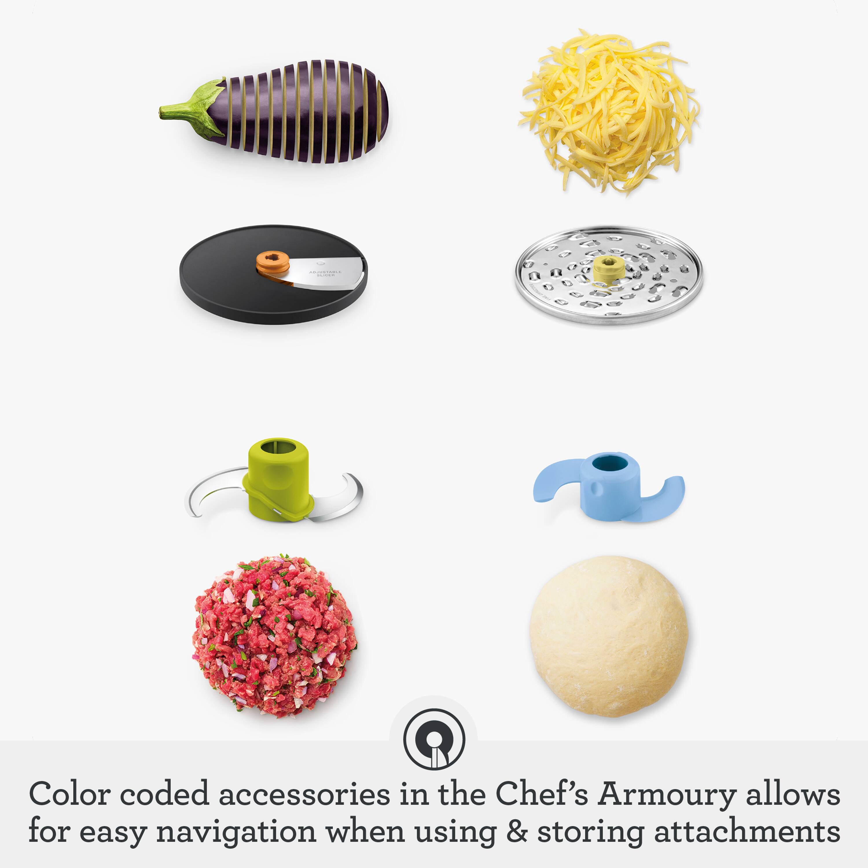 Color coded accessories in the Chef's Armoury allows for easy navigation when using & storing attachments