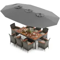 Costway 10 Pieces Patio Wicker Dining Set with Double-Sided Patio Umbrella 8 Armchairs - Grey,Mix Brown - Front_Zoom