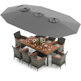 Costway - 10 Pieces Patio Wicker Dining Set with Double-Sided Patio Umbrella 8 Armchairs - Grey,Mix Brown