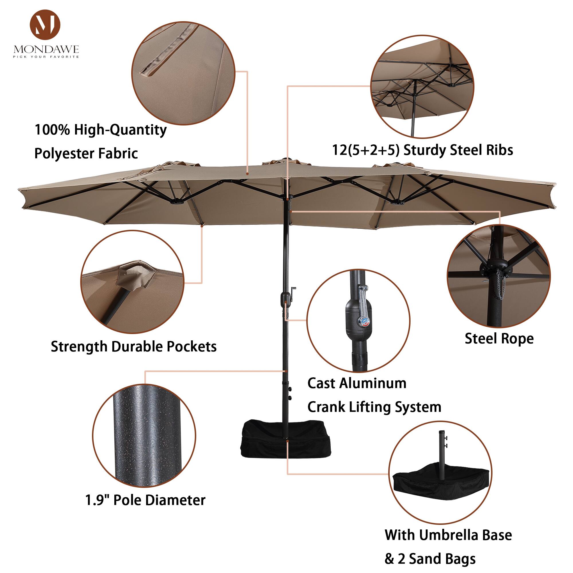 Mondawe  
100% High-Quantity Polyester Fabric  
12(5+2+5) Sturdy Steel Ribs  
Strength Durable Pockets  
Steel Rope  
Cast Aluminum Crank Lifting System  
1.9" Pole Diameter  
With Umbrella Base & 2 Sand Bags