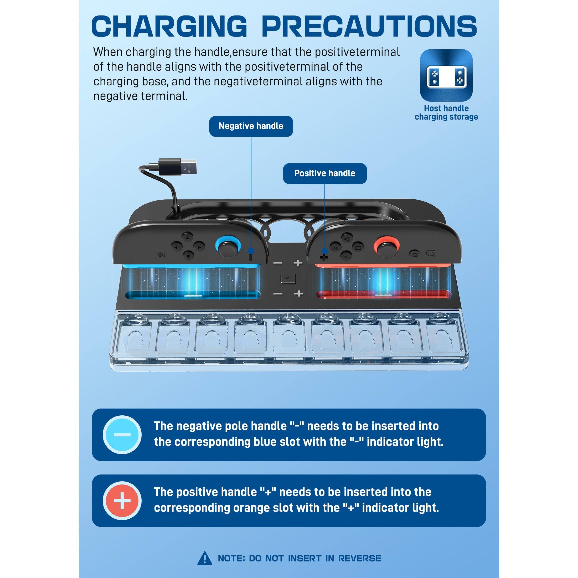 **CHARGING PRECAUTIONS**

When charging the handle, ensure that the positive terminal of the handle aligns with the positive terminal of the charging base, and the negative terminal aligns with the negative terminal.

- Host handle charging storage
- Negative handle
- Positive handle

- The negative pole handle "-" needs to be inserted into the corresponding blue slot with the "-" indicator light.
- The positive handle "+" needs to be inserted into the corresponding orange slot with the "+" indicator light.

**NOTE: DO NOT INSERT IN REVERSE**