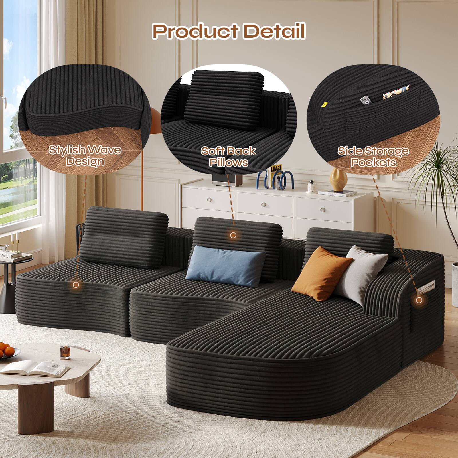 Product Detail: Stylish Wave Design, Soft Back Pillows, Side Storage Pockets