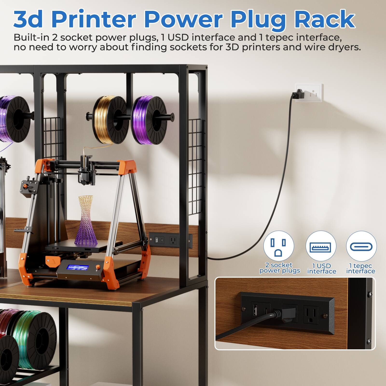3d Printer Power Plug Rack  
Built-in 2 socket power plugs, 1 USD interface and 1 tepec interface, no need to worry about finding sockets for 3D printers and wire dryers.  

A: 2 socket 1 USD 1 tepec power plugs interface interface