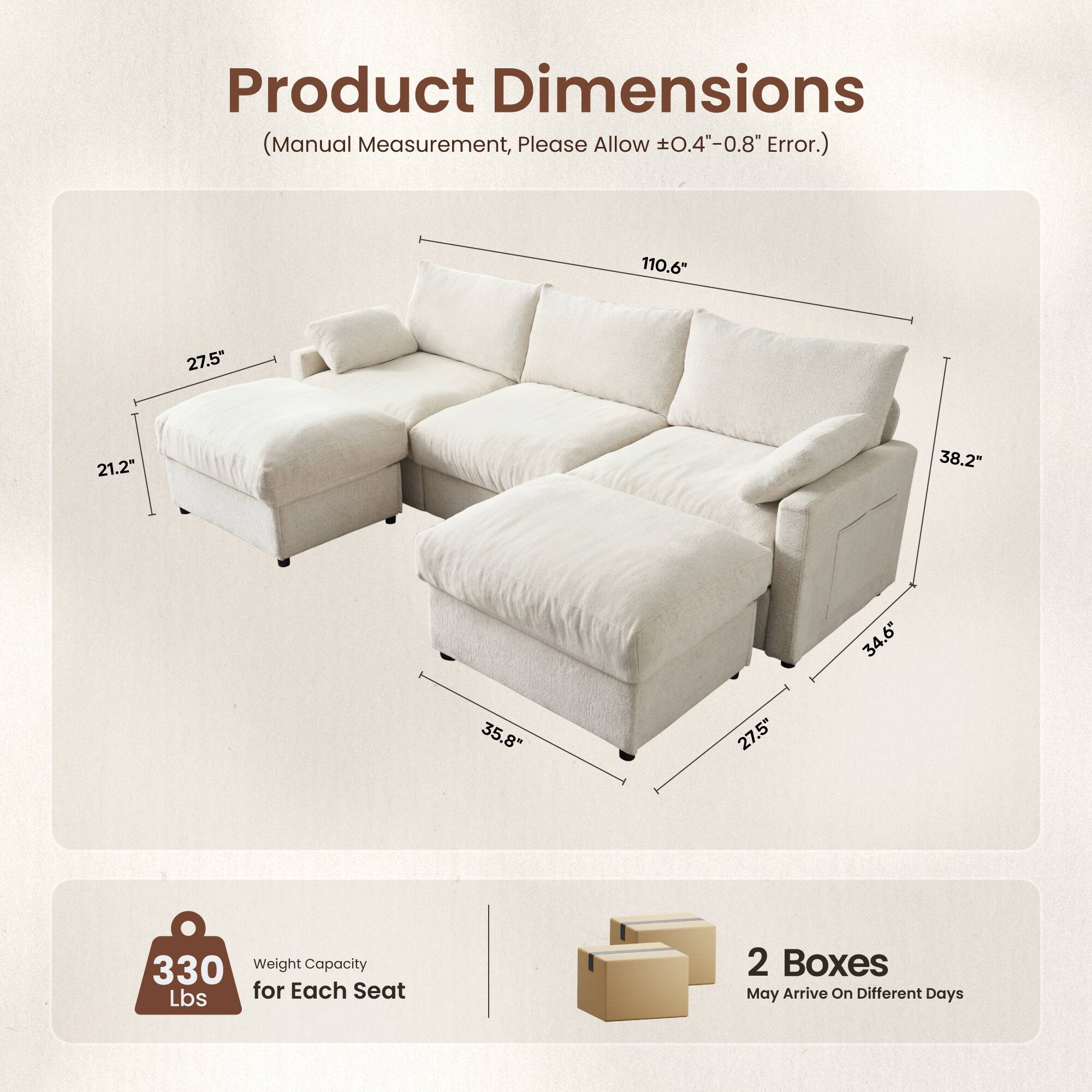 Product Dimensions (Manual Measurement, Please Allow +0.4"-0.8" Error.)
110.6"
27.5"
21.2"
38.2"
35.8"
27.5"
34.6"
330 Weight Capacity Lbs for Each Seat
2 Boxes May Arrive On Different Days