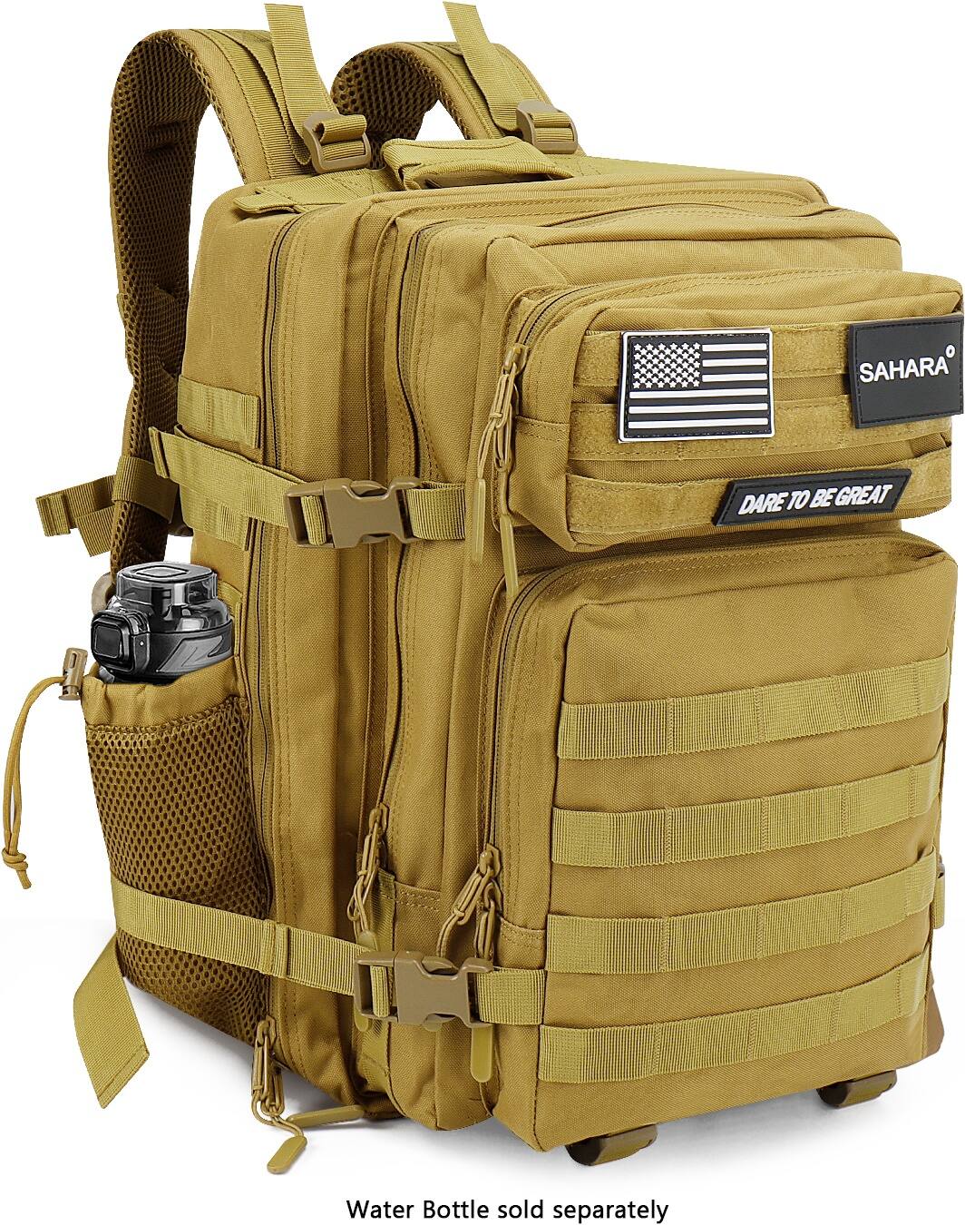 The image features a tan backpack with a water bottle attached to it. The backpack is made by Sahara and is designed for outdoor activities. The water bottle is sold separately and can be attached to the backpack for convenience.