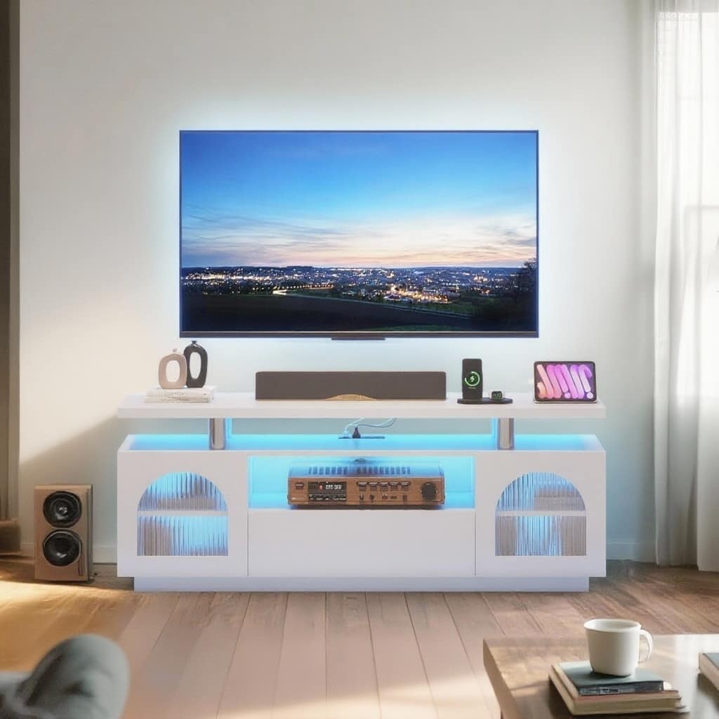 GARVEE - TV Stand for 65 inch TV, with Power Outlets and LED Lights - White