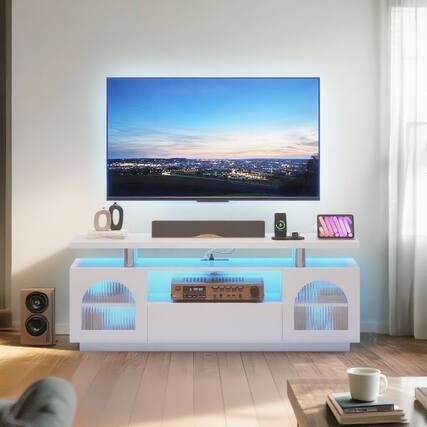 Front. GARVEE - TV Stand for 65 inch TV, with Power Outlets and LED Lights - White.