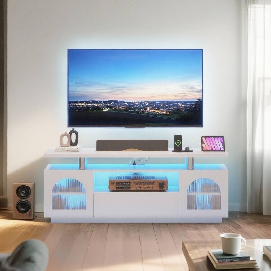 Front. GARVEE - TV Stand for 65 inch TV, with Power Outlets and LED Lights - White.