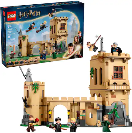 The text on the image reads: "Harry Potter not LEGO Harry Potter 9+ | 76447 Hogwarts Castle | Can't fly: Flying Lessons 651 pcs/pzs."