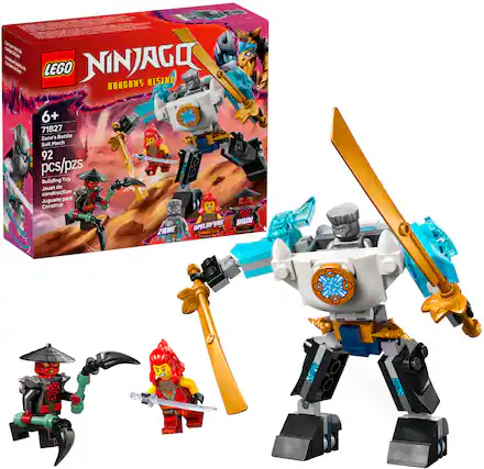 The text on the image is:
"LEGO NINJAGO DRAGONS RISING 6+ 1 d 71827 Zane's Battle Suit Mech 92 pcs/pzs Building Toy Jouet de construction Juguete para 1 Construir 2 - L DRDI V ZHNE - 9 1 I A"
Corrected text:
"LEGO NINJAGO DRAGONS RISING 6+ 1 d 71827 Zane's Battle Suit Mech 92 pcs/pzs Building Toy Jouet de construction Juguete para 1 Construir 2 - L DRDI V ZHNE - 9 1 I A"