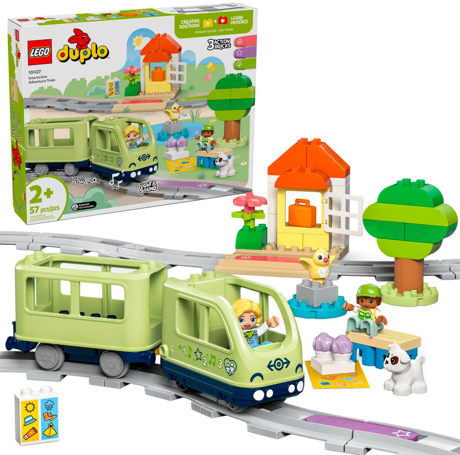 I LEGO duplo 10427 Interective Adventure Train SPO LEARE CREATIVE PATIENCE SODTIONS sn - - PUBLO ACTION 3 BRICKS F+ OUSAgIcO.. S00 2+ - 57 pcs/pzs CGNT & SOUND C 3 p*