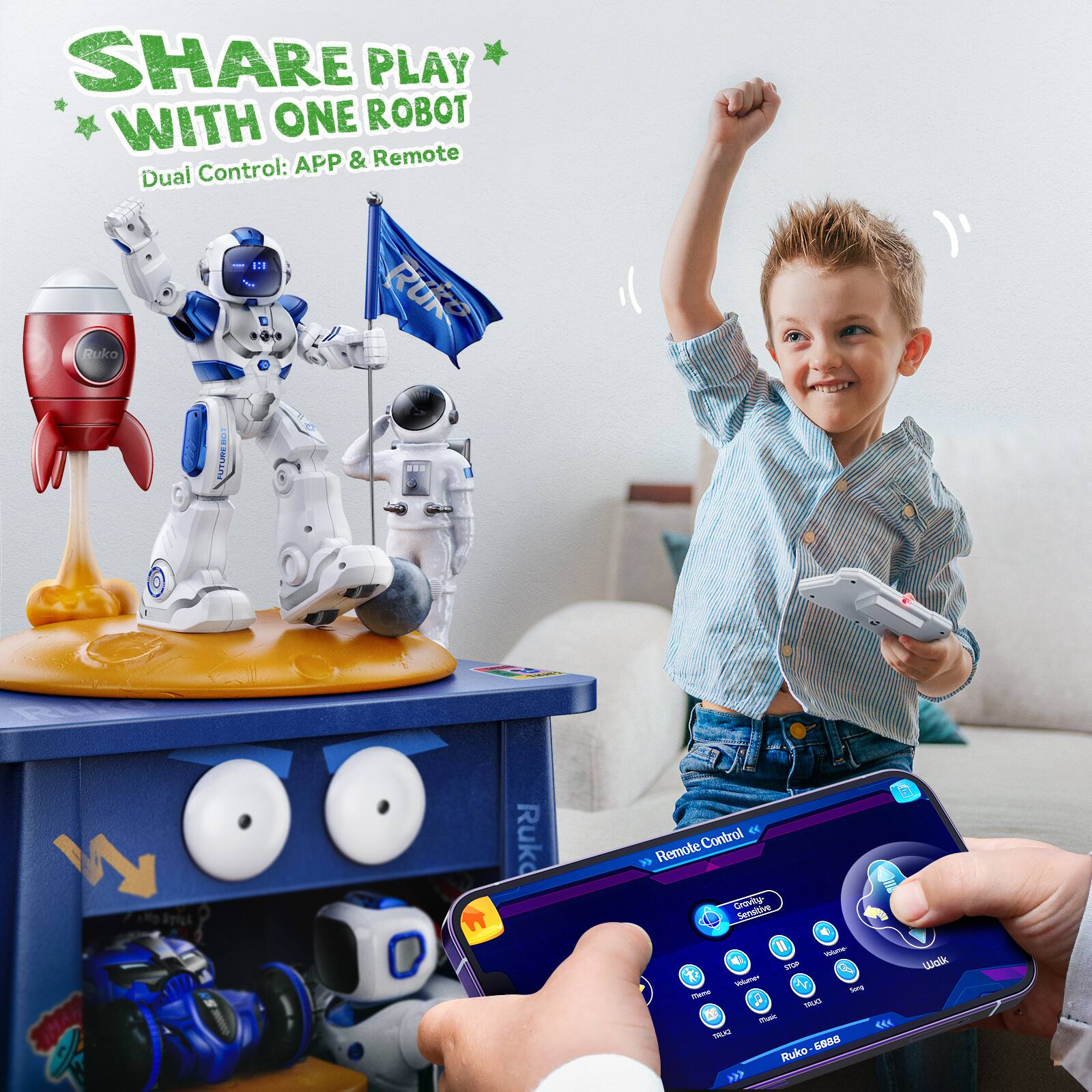 SHARE PLAY WITH ONE ROBOT  
Dual Control: APP & Remote  

Ruko 121  
Ruko 5S88