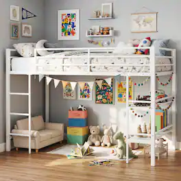 Costway - Twin Size Low Loft Bed with Storage Shelves Ladder Full-length Guardrails - White