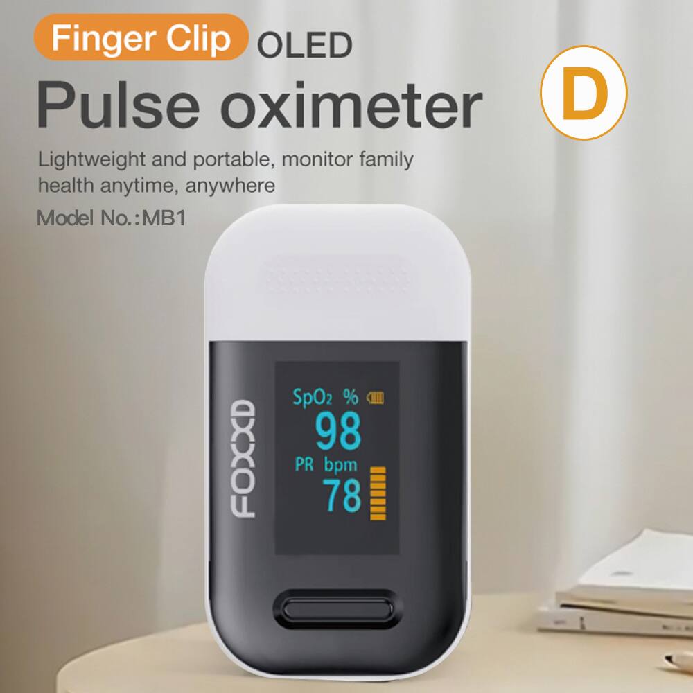 Finger Clip OLED Pulse oximeter  
Lightweight and portable, monitor family health anytime, anywhere  
Model No.: MB1  

SpO2 % 98  
PR bpm 78  

FOXXD