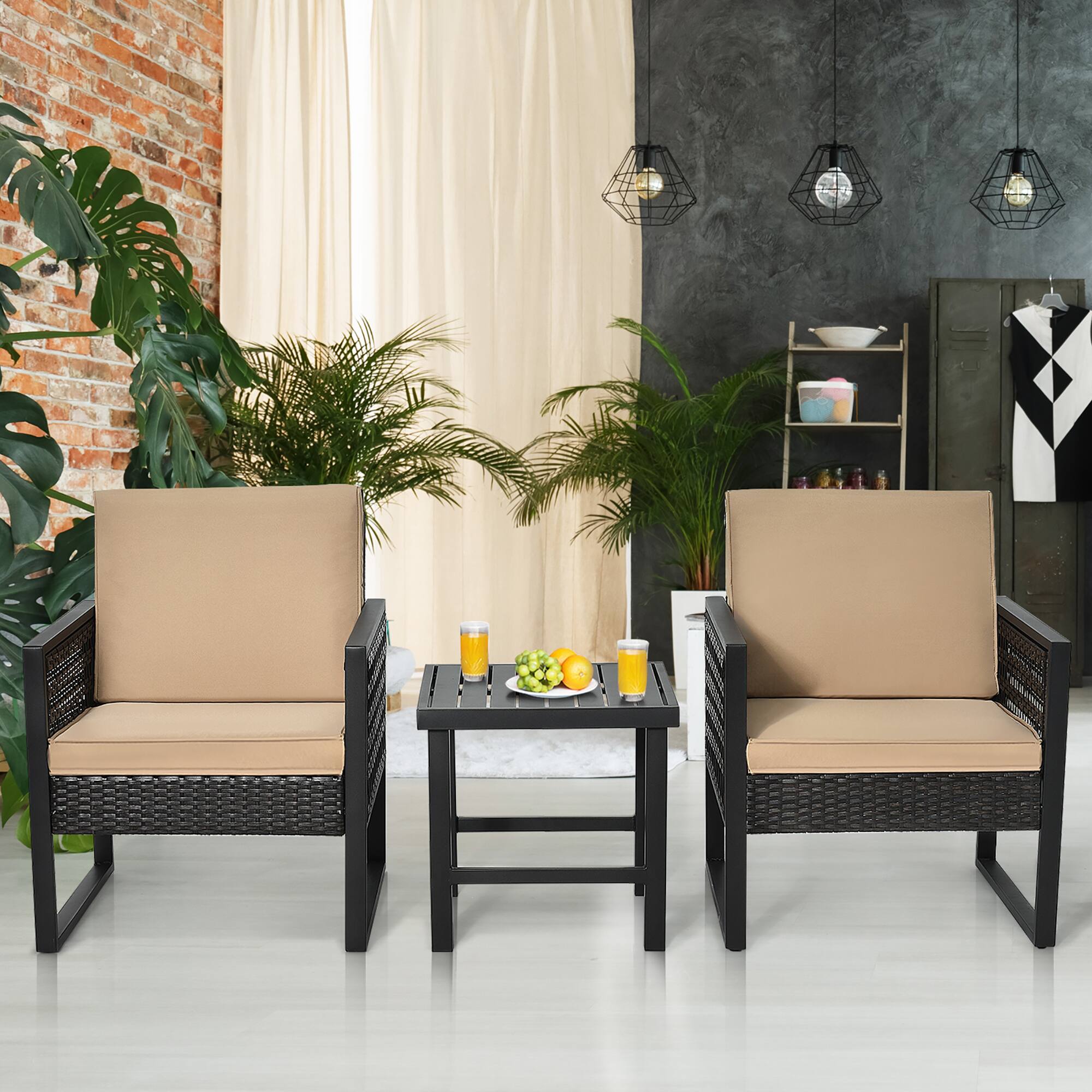 Alt View 3. Costway - Costway 3PCS Patio Rattan Bistro Furniture Set Cushioned Sofa Chair Coffee Table Garden - Brown.