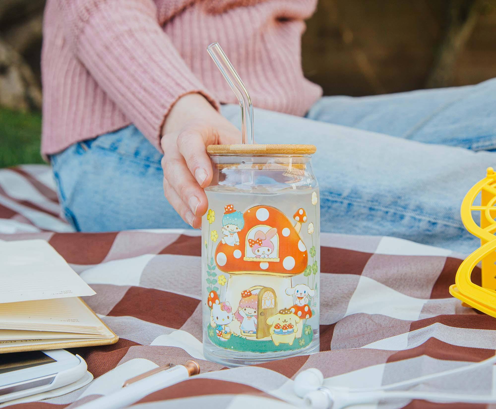 Alt View 5. Silver Buffalo - Sanrio Hello Kitty and Friends Mushroom Glass Tumbler With Bamboo Lid and Straw - Red.