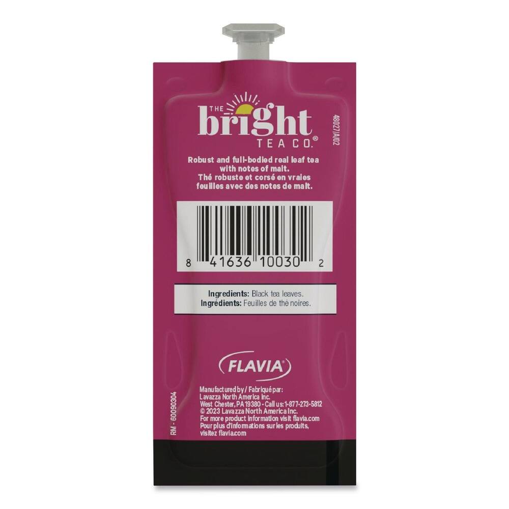 THE bright 48027/A/02 TEA CO.  
Robust and full-bodied real leaf tea with notes of malt.  
The robuste et cors en vraies feuilles avec des notes de malt.  

Ingredients: Black tea leaves.  
Ingredients: Feuilles de thé noires.  

FLAVIA  
Manufactured by / Fabriqué par: Lavazza North America Inc.  
West Chester, PA 19380  
Call us: 1-877-273-5812  
For more product information visit flavia.com  
Pour plus d'informations sur les produits, visitez flavia.com