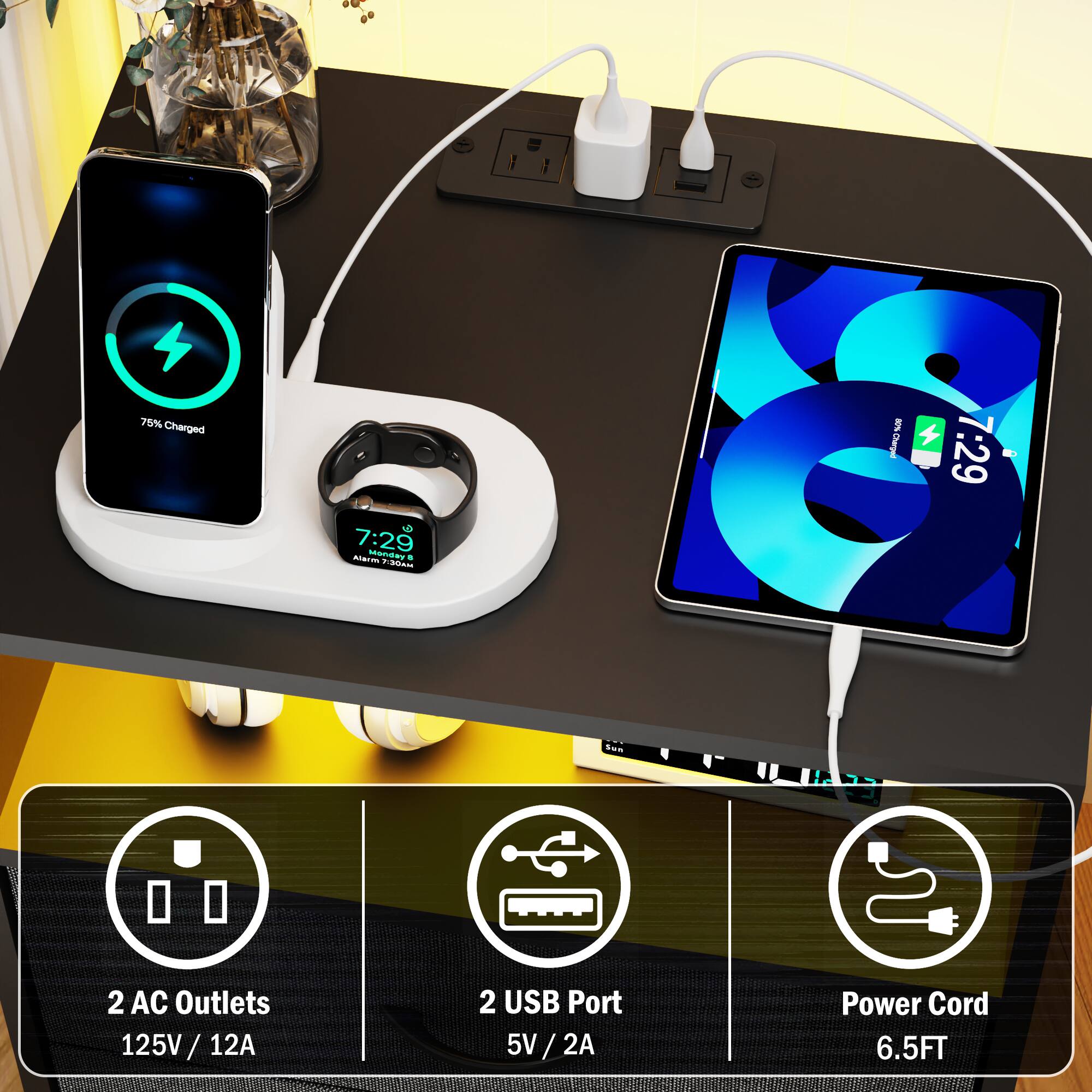 75% Charged  
6 7:29  
Mtanasy Aarm + Faas  
2 n0%.Oharger  
4 7:29 E 2  

2 AC Outlets  
125V / 12A  

2 USB Port  
5V / 2A  

Power Cord  
6.5FT