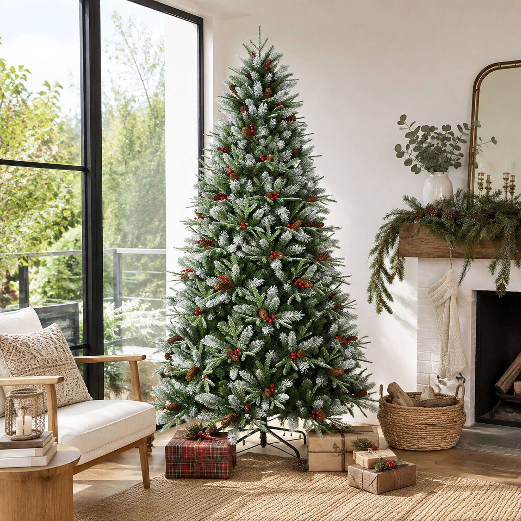 Back. RYHNUYNE - 9FT Christmas Tree With Red Berries Pine Cones, 3750 Snow-Dusted PE+PVC Branches Hinged Design Sturdy Metal Stand - Green,White.