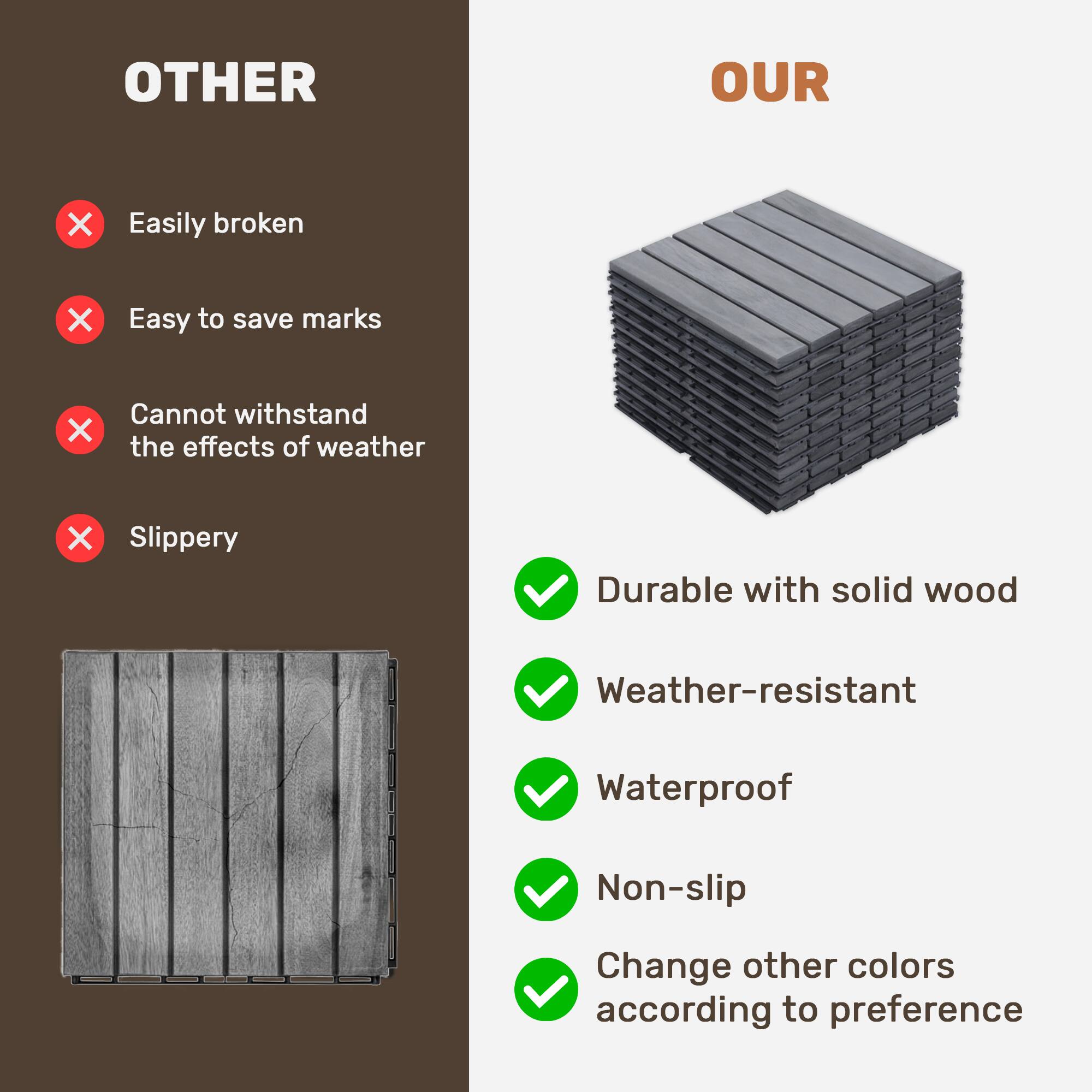 **OTHER**

- Easily broken
- Easy to save marks
- Cannot withstand the effects of weather
- Slippery

**OUR**

- Durable with solid wood
- Weather-resistant
- Waterproof
- Non-slip
- Change other colors according to preference
