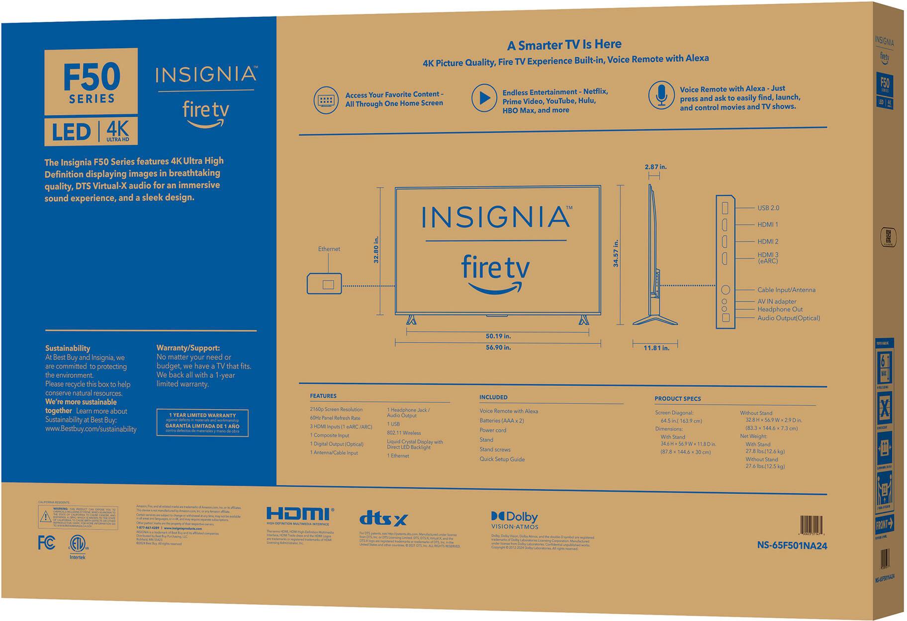 Insignia 65" Class F50 Series LED 4K UHD Smart Fire TV display and camera view