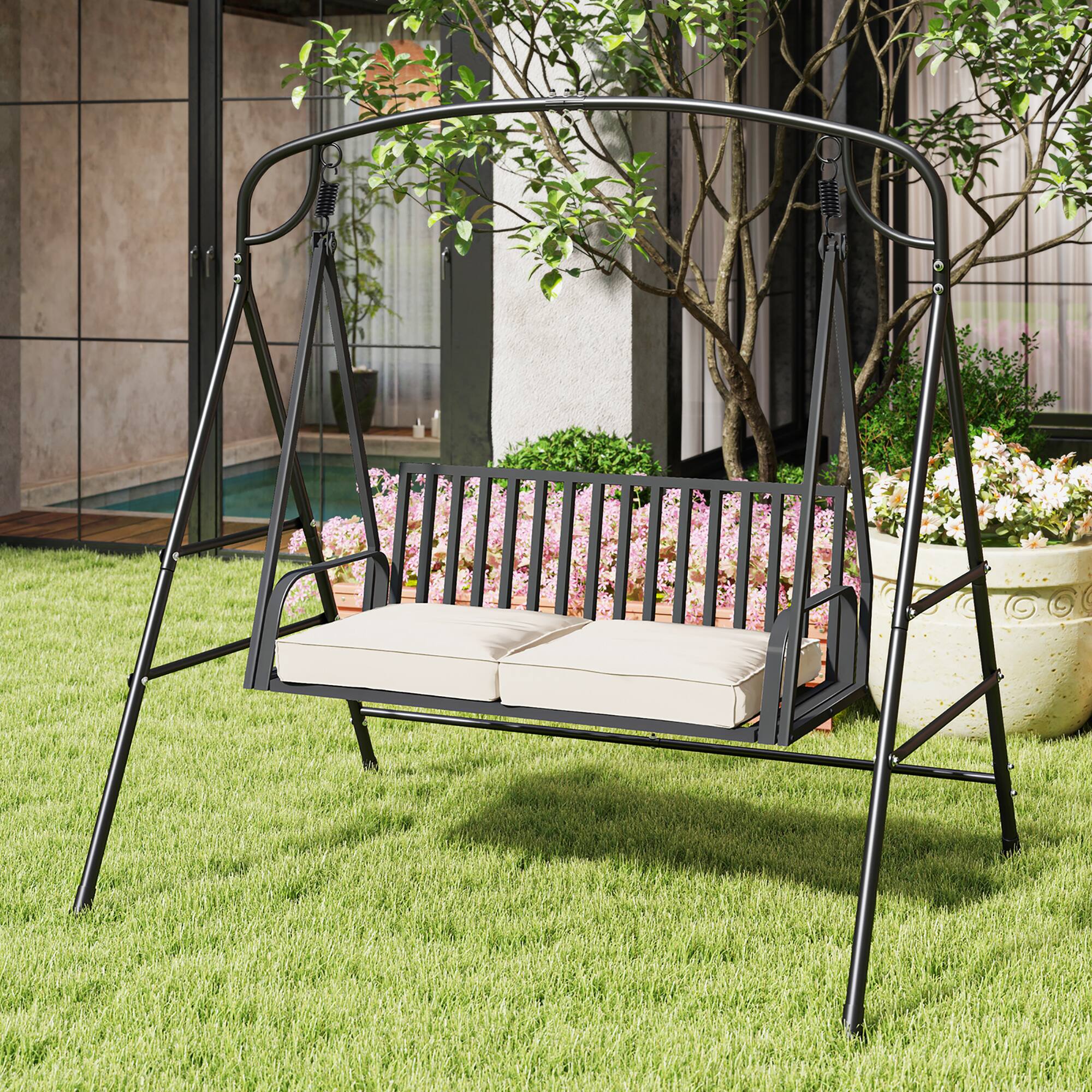 Alt View 1. Gymax - Gymax Swing Stand for Porch Heavy-Duty Metal Swing Frame w/ 2 Hanging Rings - Black.