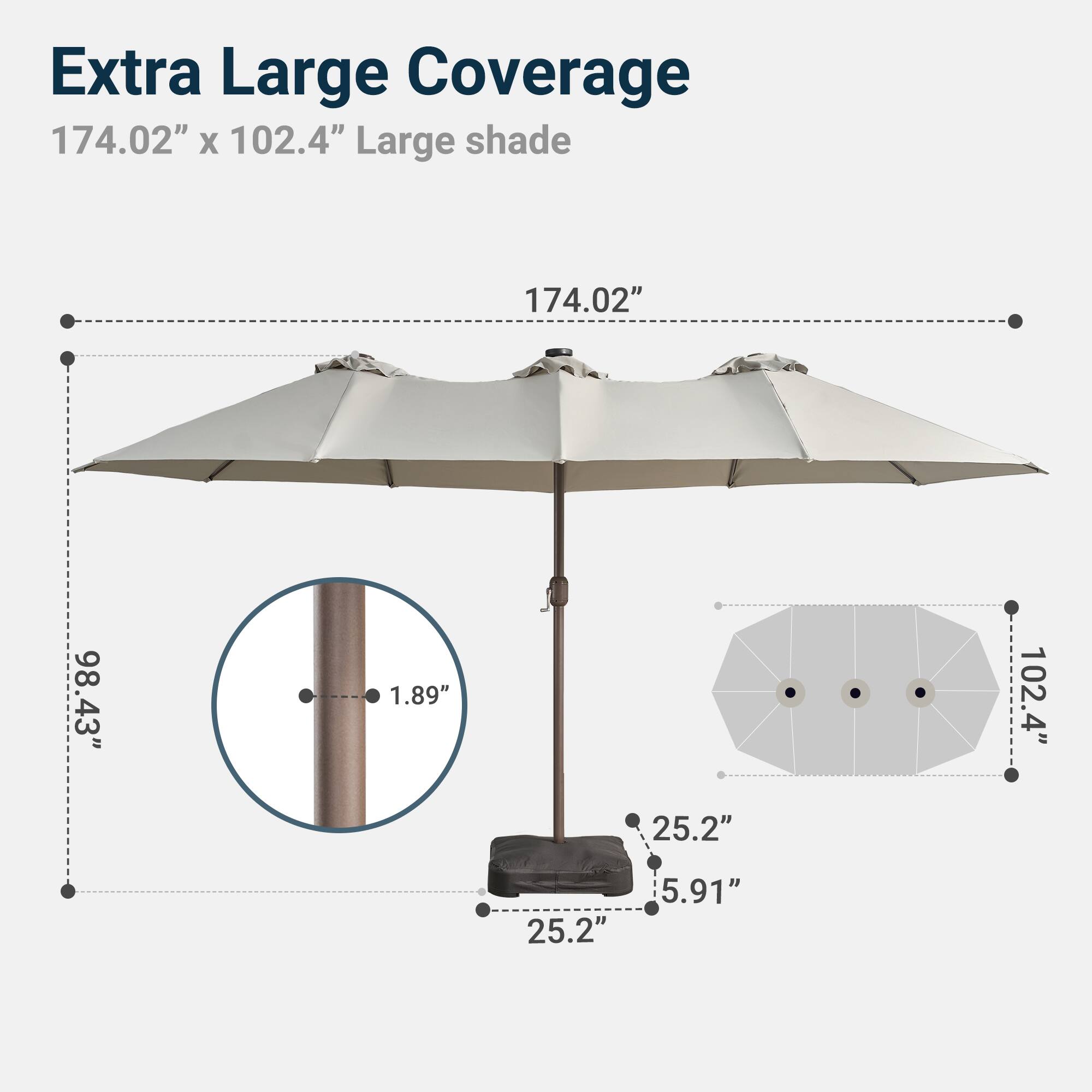 Extra Large Coverage 174.02" X 102.4" Large shade 174.02" 98.43" 1.89" 102.4" 25.2" 25.2" 5.91"