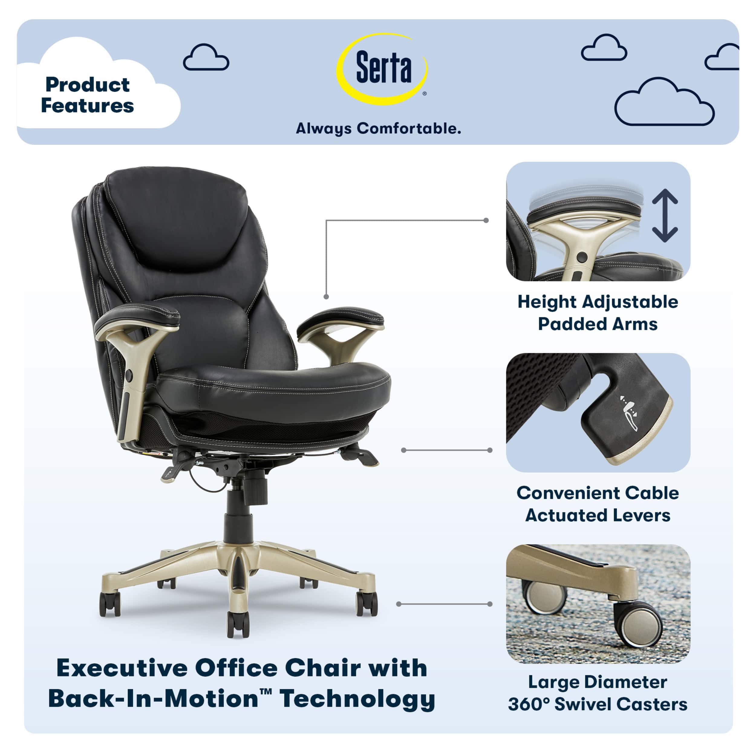 Angle. Serta - Upholstered Back in Motion Health & Wellness Office Chair with Adjustable Arms - Bonded Leather - Black.
