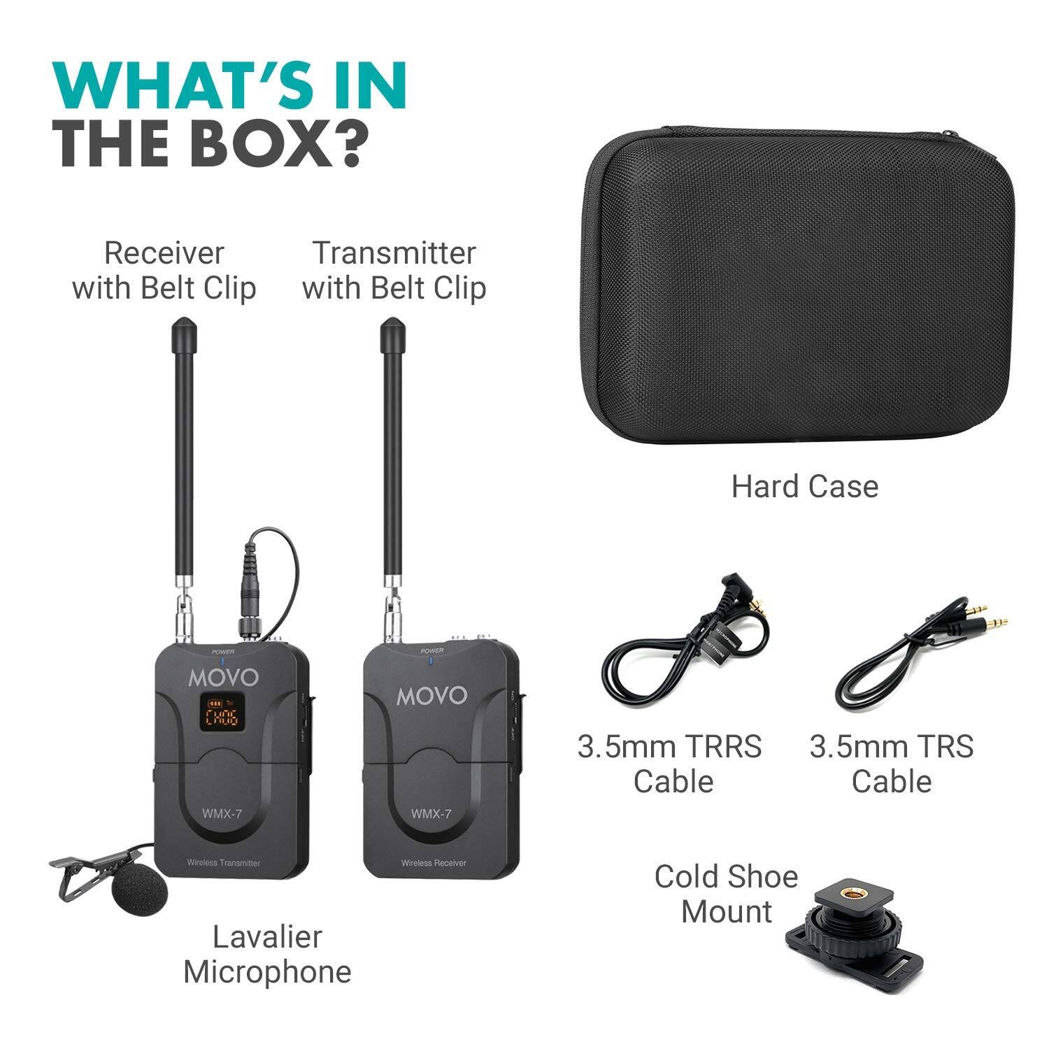 WHAT'S IN THE BOX?

- Receiver with Belt Clip
- Transmitter with Belt Clip
- Hard Case
- Lavalier Microphone
- 3.5mm TRRS Cable
- 3.5mm TRS Cable
- Cold Shoe Mount
