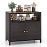 Costway - Patio Rattan Storage Cabinet with Acacia Wood Countertop Open Shelf 2 Door Cabinet - Mix Brown + Natural
