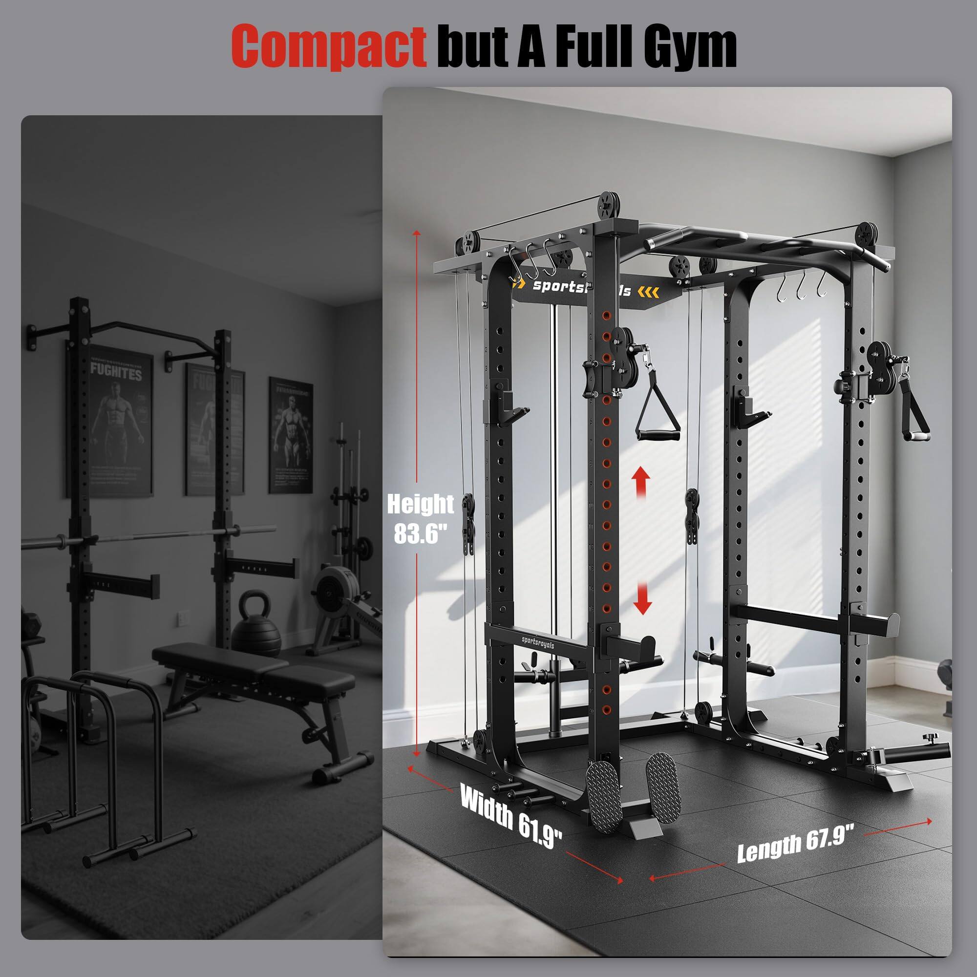 Compact but A Full Gym  
sportsline  
Height 83.6"  
Width 61.9"  
Length 67.9"