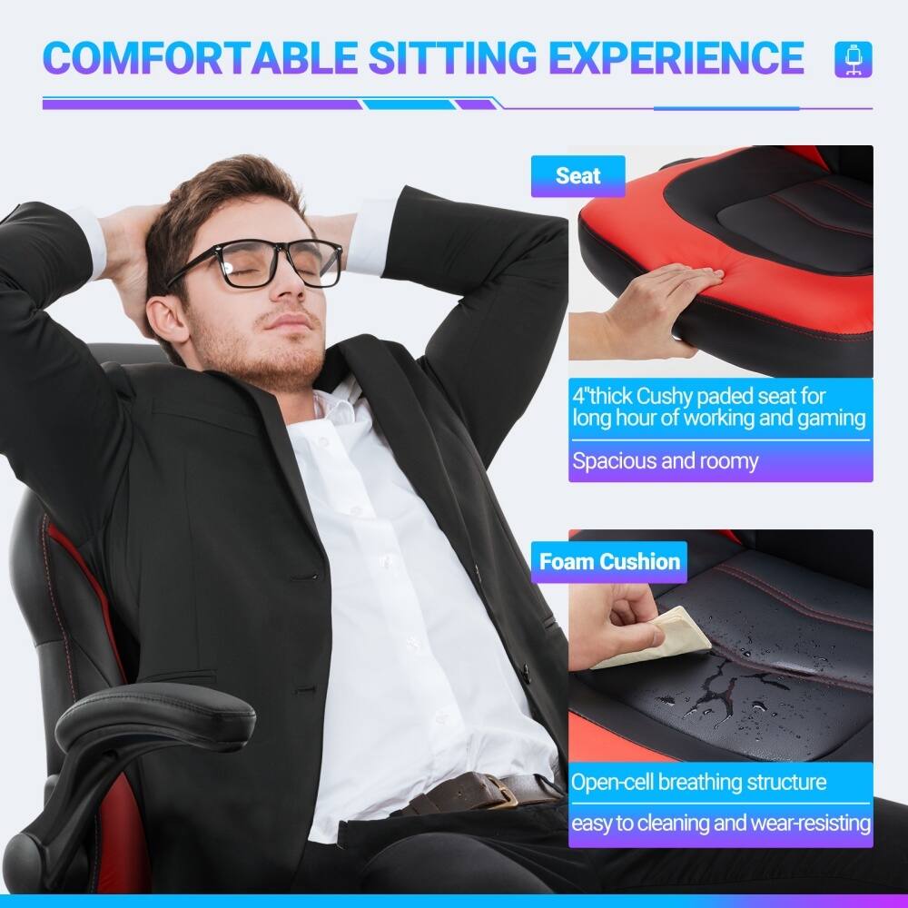 COMFORTABLE SITTING EXPERIENCE:

* Seat: 4" thick, cushy, padded seat for long hours of working and gaming.
* Spacious and roomy: Provides ample space for comfort and relaxation.
* Foam Cushion: Offers additional support and comfort.
* Open-cell breathing structure: Easy to clean and wear-resistant.