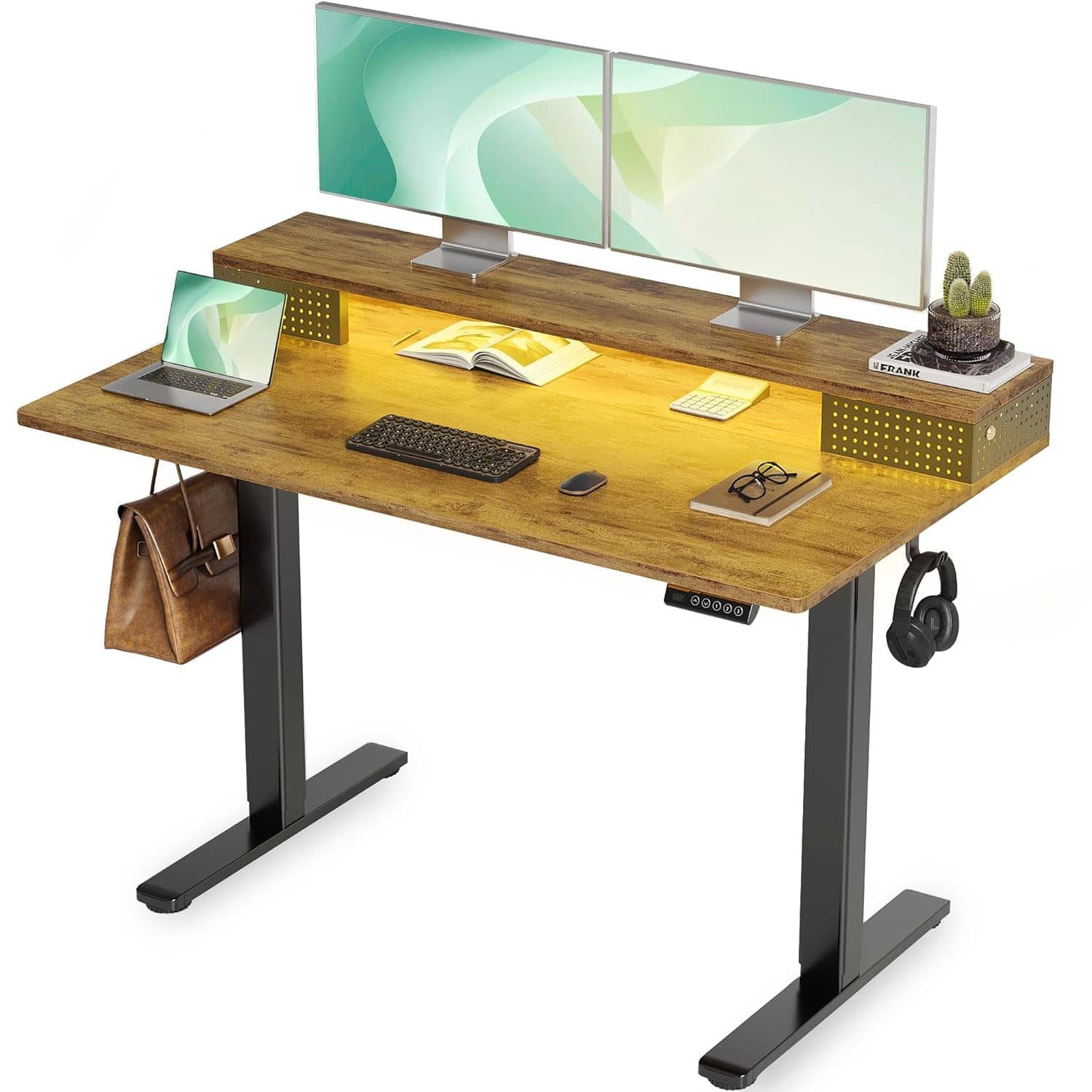 Zell Electronics - 48 Inch Electric DeskLED, Monitor Stand, Adjustable Height for Gaming or Office - Rustic Brown