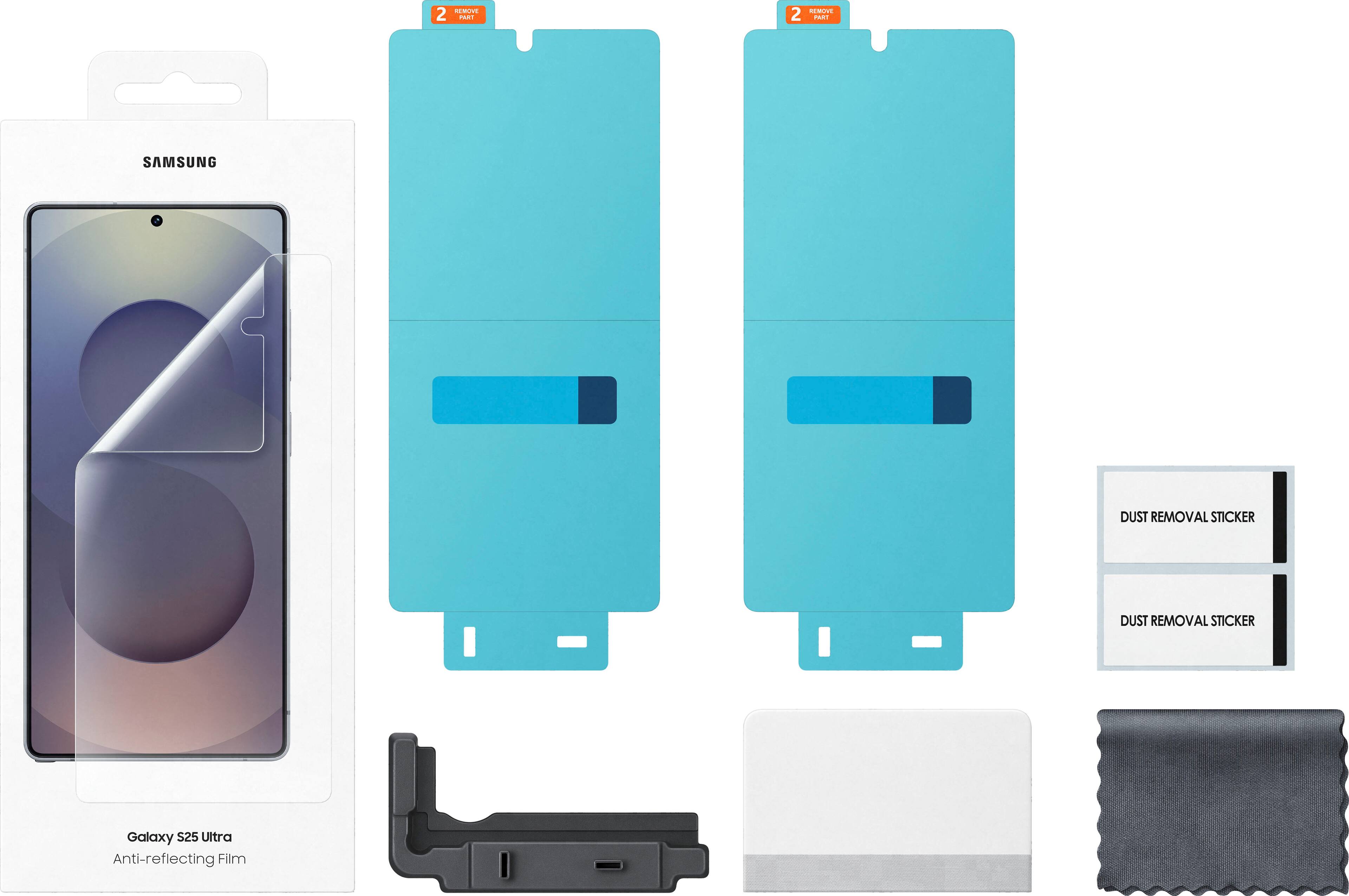 The image features a Samsung Galaxy S25 Ultra phone with its case and screen protector. The phone is displayed in a white background, and the case and screen protector are placed next to it. The image also includes a dust removal sticker and an anti-reflecting film for the phone.