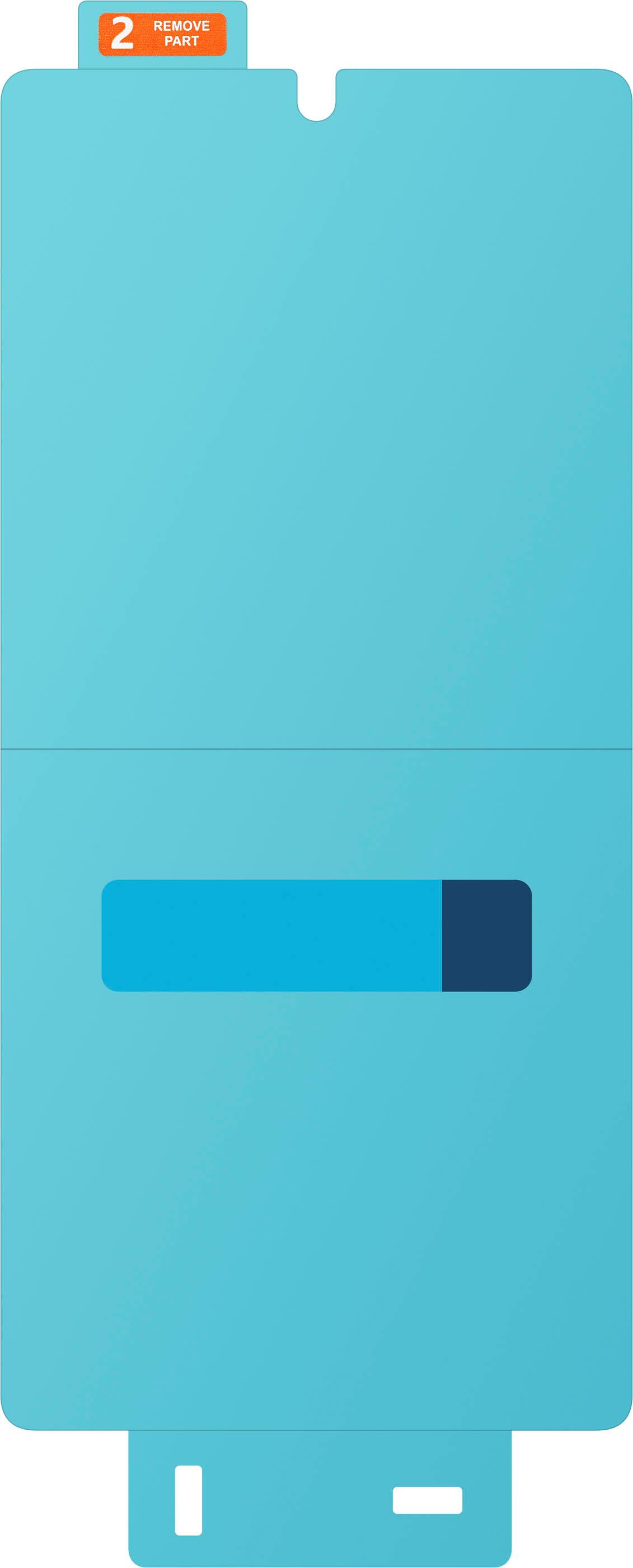 The image features a blue object, which could be a case or a piece of artwork, with a white border. The border is made up of two parts, one on the top and one on the bottom. The top part of the border is slightly larger than the bottom part, creating a visually interesting design. The blue object is placed in front of a white background, which further emphasizes the contrast between the blue and white colors.