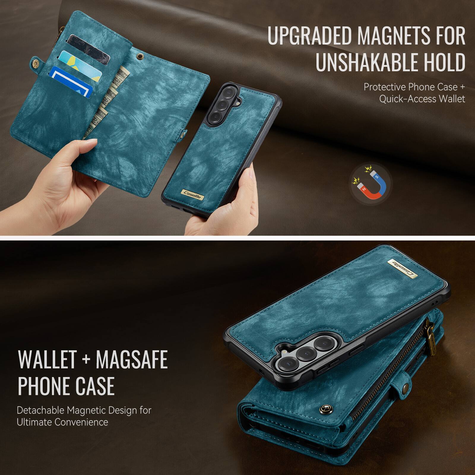 UPGRADED MAGNETS FOR UNSHAKABLE HOLD  
Protective Phone Case + Quick-Access Wallet  

WALLET + MAGSAFE PHONE CASE  
Detachable Magnetic Design for Ultimate Convenience