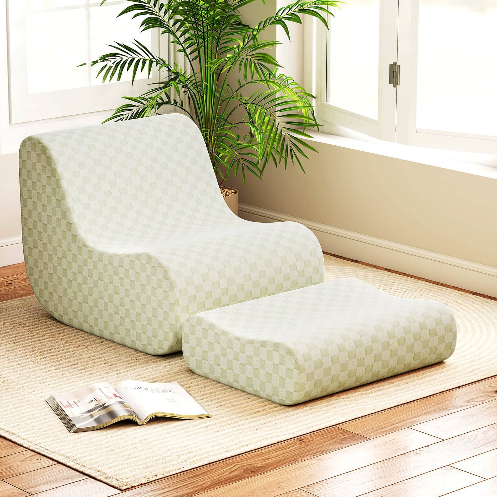 Alt View 1. Costway - Costway Bean Bag Chair with Ottoman High Elasticity Sponge Non-slip Bottom & Velvet Cover Green - Green.